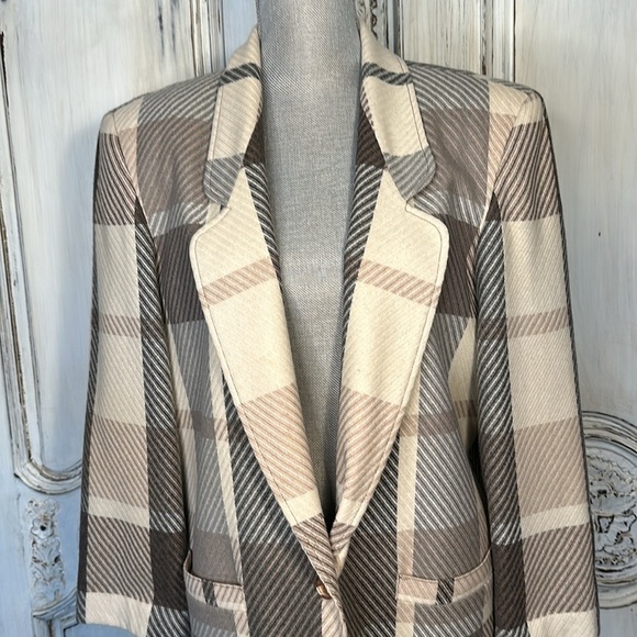 VINTAGE Joyce Sportswear Light Academia Large Neutral Plaid Blazer Jacket Size M - Picture 5 of 12